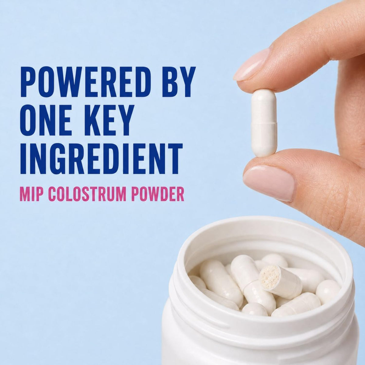 Open bottle of MUUU colostrum capsules