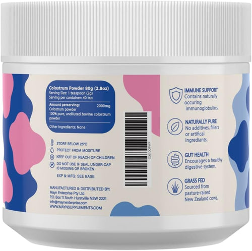 MUUU Colostrum Powder label: 2,000mg per 2g serve, other ingredients none