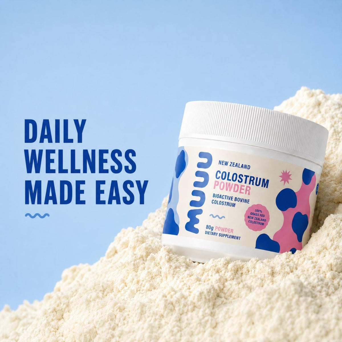 MUUU Colostrum Powder tub on a pile of colostrum powder